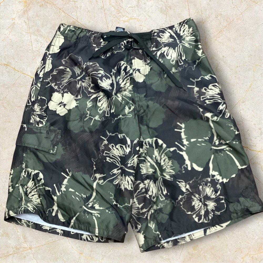 Ocean Pacific Mens Hibiscus Floral Camo Board Shorts Green Black Size M 32-34